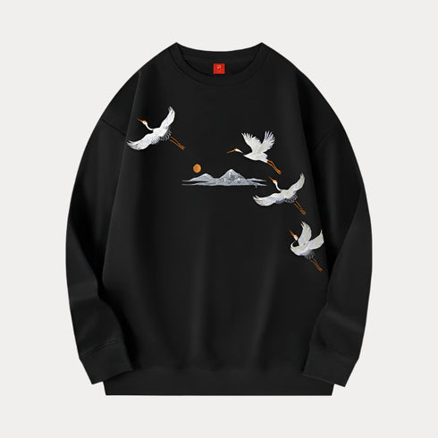 crane sweatshirt, embroidered sweatshirt, vintage sweatshirt, asian-inspired fashion, japanese embroidery, streetwear sweatshirt, aesthetic pullover, retro streetwear, unisex sweatshirt, cozy embroidered top, soft fleece sweatshirt, minimalist embroidery, traditional crane design, heritage fashion, oversized sweatshirt